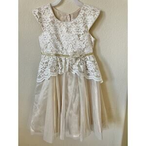 Jona Michelle Gold Lace Overlay Floral Cap Sleeve Pleated Lined Dress Size 6